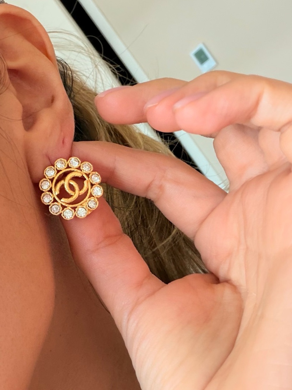 CHANEL Gold-Tone CC Logo Crystal Halo Earrings - Picture 8 of 11